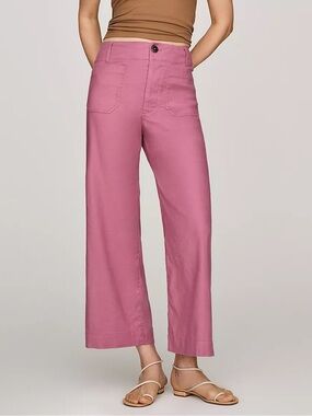 Maeve Colette Linen Stretch High Rise Cropped Wide Leg Pants in Strawberry - 30
